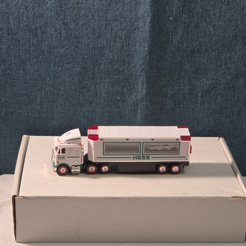 2021 Hess Mini Toy Truck Semi Hauler with Race Car White & Green Collectible